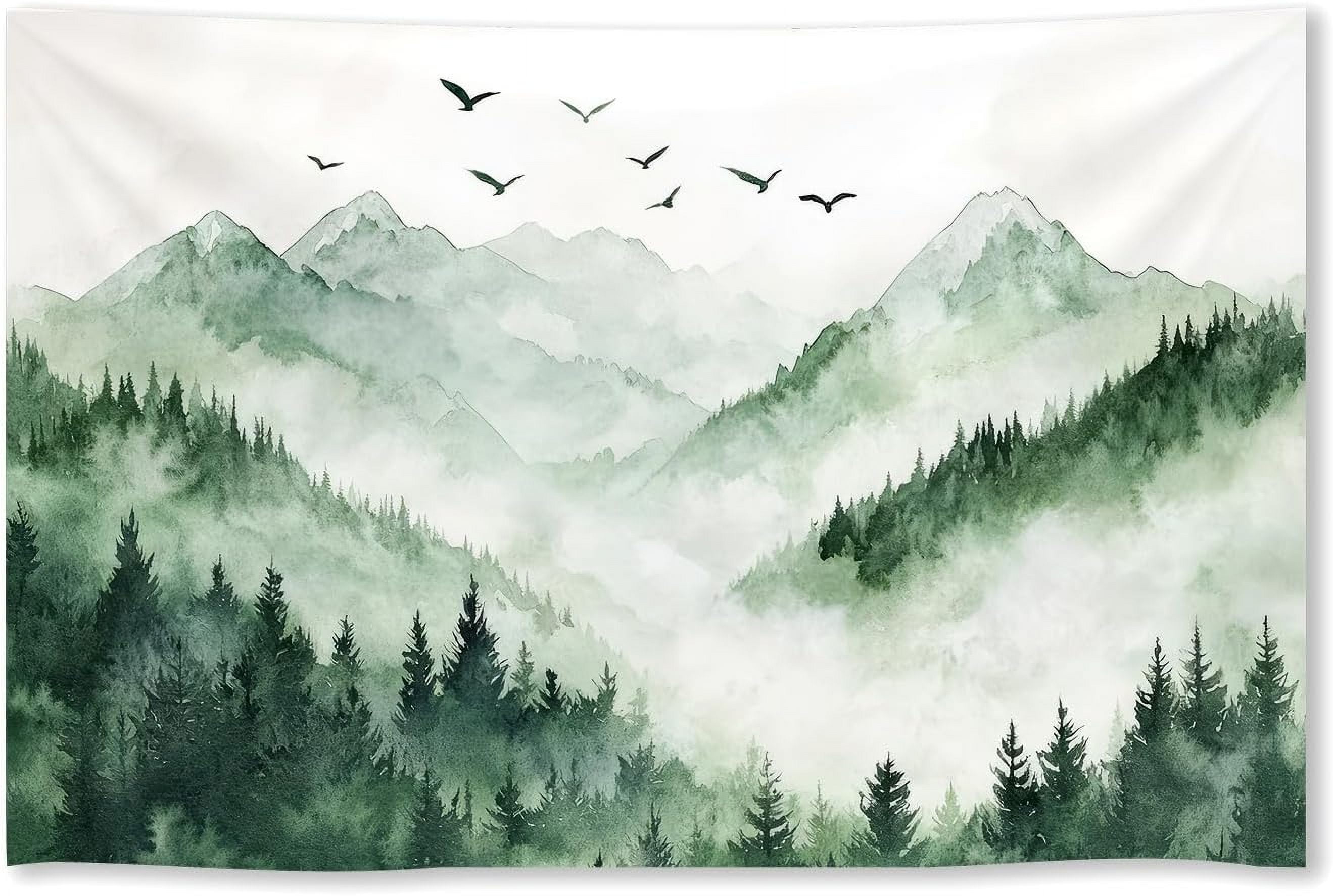 Sage Green Nature Misty Forest Tapestries Foggy Mountain Landscape Wall ...