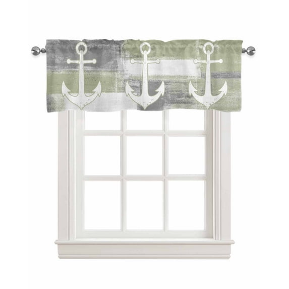Sage Green Nautical Anchor Linen Curtain Valance for Bedroom/Bathroom/Kitchen/Office/Living/Dining Room Window,Farmhouse Rustic Grey White Pocket Topper Drapes Decorative Cafe Drapery Panel 42"x12"
