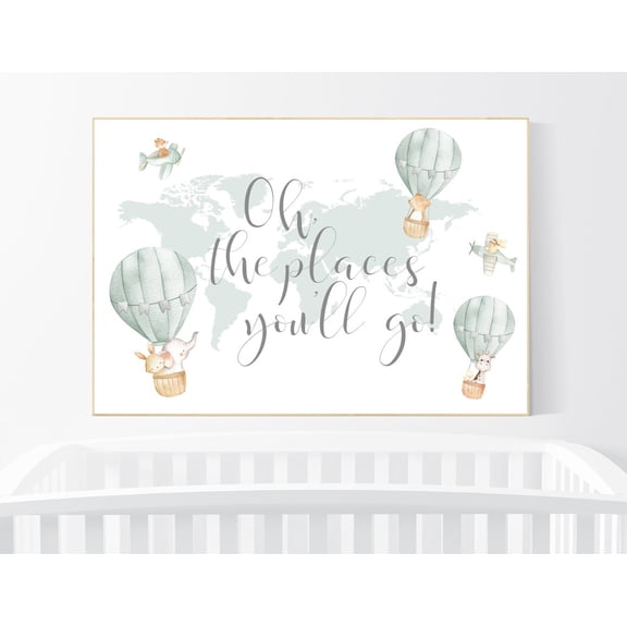 Sage Green Nursery Hot Air Balloon Animals World Map Wall Art, Stylish Nursery Theme For Nursery Gallery Wall Decor