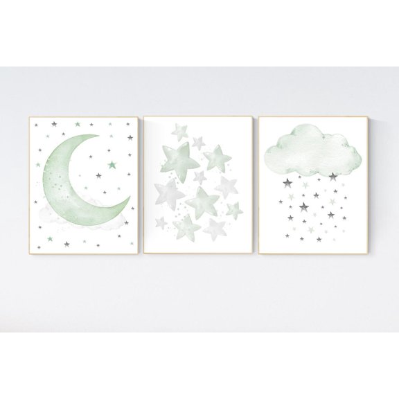 Sage Green Nursery Poster Moon And Stars Gender Neutral Baby Room Wall Art, Poster Only