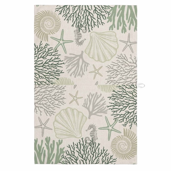 Sage Green Ocean 1 Pack Kitchen Towel, Water Absorbent Dish Towel, Coastal Grey Coral Starfish Shell Decorative Hand Towels - Quick Drying Cloth for Cooking Baking, 18x28 Inch