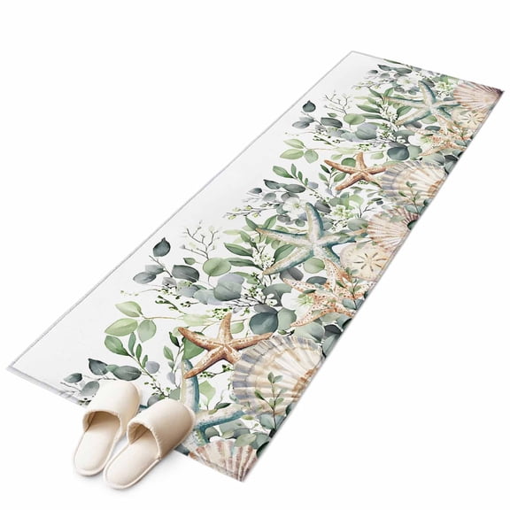 Sage Green Ocean 2'x6' Runner Rug, Coastal Eucalyptus Starfish Shell Washable Non-Slip Area Rugs for Hallway Kitchen Floor Bedroom Entryway, Laundry Carpet Decoration Indoor Mat