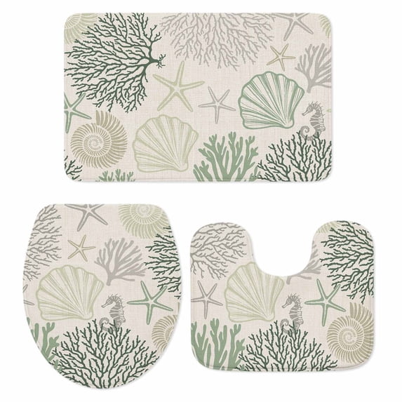 Sage Green Ocean Bath Mat 3 Piece Bathroom Rug Set, Coastal Grey Coral Starfish Shell Non Slip Bath Rug Contour Mat and Toilet Lid Cover, Absorbent Shower Mats Soft Bath Rugs and Mats Sets