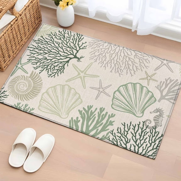 Sage Green Ocean Bathroom Rug Washable 2x3 Entryway Rug Non Slip Coastal Grey Coral Starfish Shell Front Door Mat Low Pile Indoor Doormat Throw Floor Carpet for Kitchen Bedroom Entrance