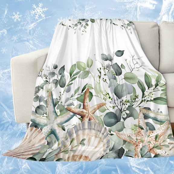 Sage Green Ocean Cooling Blanket, Lightweight Breathable Summer Throw Blanket with Double Sided Cold Effect,Coastal Eucalyptus Starfish Shell Picnic Beach Blankets Bed Sheet for Hot Sleepers 30"x40"