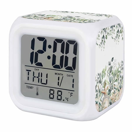 Sage Green Ocean Digital Alarm Clock for Bedrooms, Smart LED Alarm Clock with 7 Color Changing Night Light, Coastal Eucalyptus Starfish Shell Silent Wake Up Clocks for Sleep Study Cooking 3.2"x3.2"