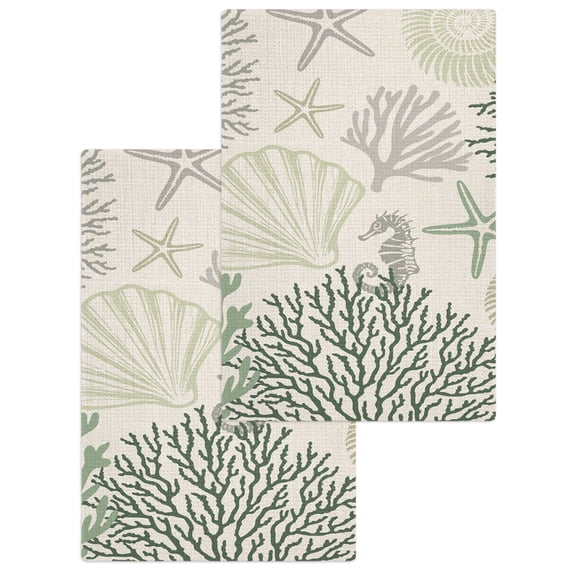 Sage Green Ocean Hand Towels Set, Waffle Weave Kitchen Towels 2 Pieces, Coastal Grey Coral Starfish Shell Microfiber Hair Face Bath Tea Towel Absorbent Quick Drying Cleaning Dish Cloths, 15.7"x23.6"