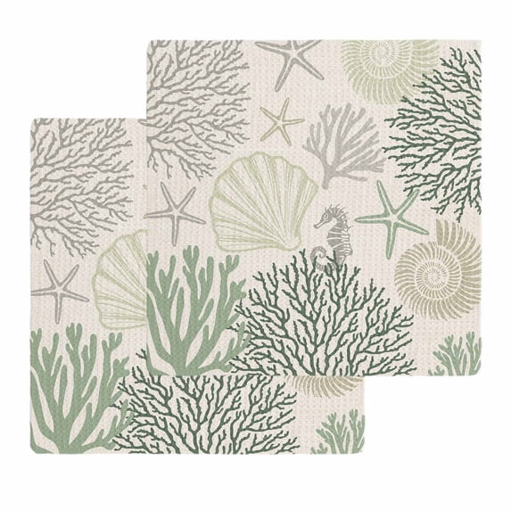 Sage Green Ocean Kitchen Dish Towels for Drying Dishes Set of 2, Coastal Grey Coral Starfish Shell Waffle Weave Microfiber Hand Tea Bathroom Towels Quick Dry & Absorbent Towel 12x12