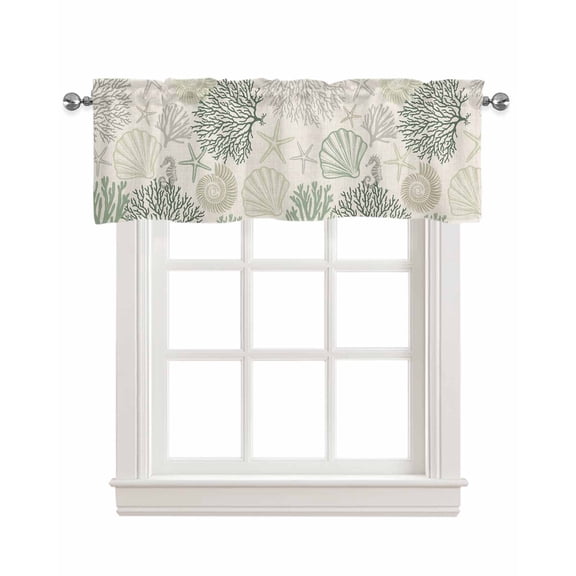 Sage Green Ocean Kitchen Valances for Windows Farmhouse Linen Window Valance Curtain for Living Room Window Treatment Coastal Grey Coral Starfish Shell Valance Rod Pocket Topper Drape, 42 x 18 Inch