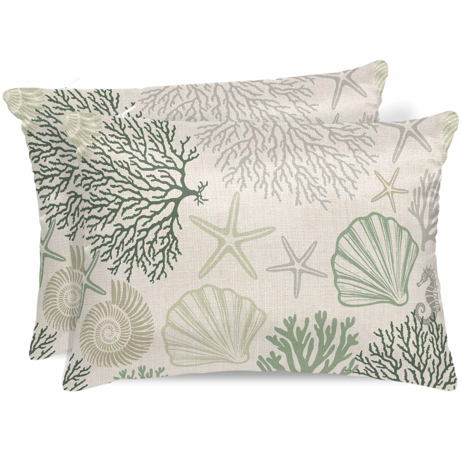 Sage Green Ocean Pillow Cases Queen Size Set of 2, Smooth Satin Pillowcase for Hair and Skin, Coastal Grey Coral Starfish Shell Decorative Cooling Bed Pillow Covers with Zipper, 20x30 Inches