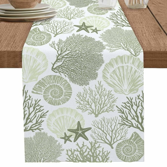 Sage Green Ocean Starfish Shell Coral Table Runner-70 Inch Long Marine Life Table Runners Linen Burlap Tablerunner for Kitchen Dining Room Holiday Party