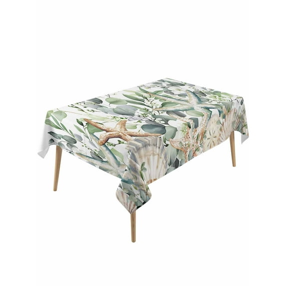 Sage Green Ocean Table Cloth, Coastal Eucalyptus Starfish Shell Waterproof Tablecloth for Rectangle Tables, Reusable Washable Fabric Table Cover for Restaurant Kitchen Dining Tables 54"x108"