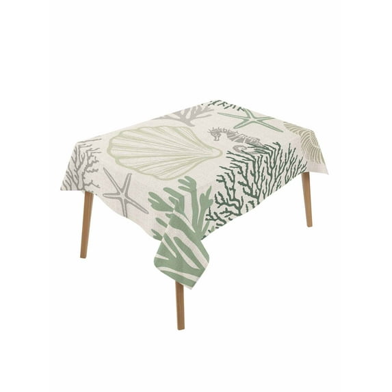 Sage Green Ocean Table Cloth, Coastal Grey Coral Starfish Shell Waterproof Tablecloth for Rectangle Tables, Reusable Washable Fabric Table Cover for Restaurant Kitchen Dining Tables 60"x84"