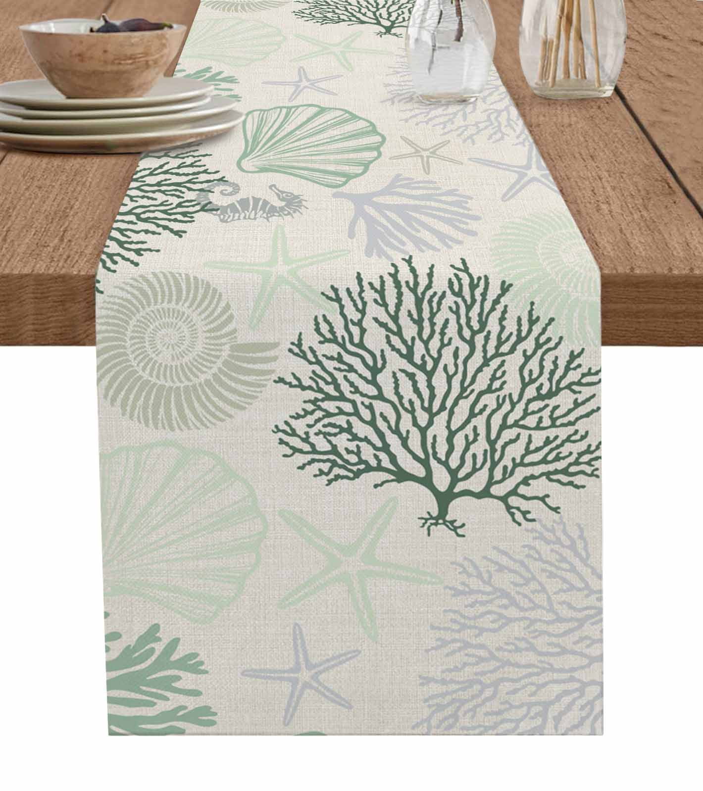 Sage Green Ocean Table Runner 108 Inches, Coastal Grey Coral Starfish Shell Bed Runner Dresser Scarves Tabletop for Indoor Outdoor Parties/Ceremony/Banquet, 13"x 108"