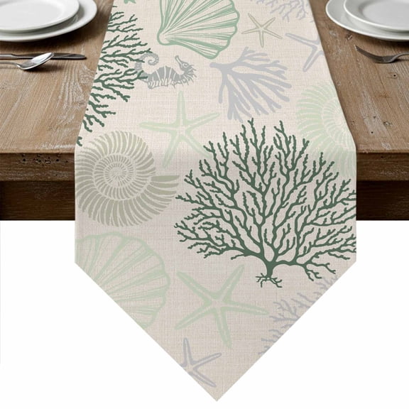 Sage Green Ocean Table Runner Linen Burlap Table Runner 36 Inches Small Coastal Grey Coral Starfish Shell Dresser Scarves for Kitchen Island Coffee Dining Party Wedding Banquet Holiday Decor 13"x36"