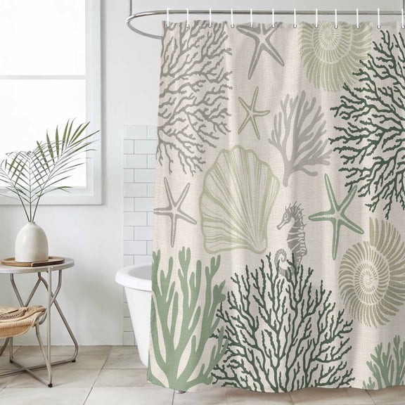 Sage Green Ocean Waterproof Fabric Shower Curtain,Coastal Grey Coral Starfish Shell Waterproof Fabric Shower Curtain for Bathroom Curtains Bathtubs Shower Curtains with 12 Hooks Extra Long 72x96