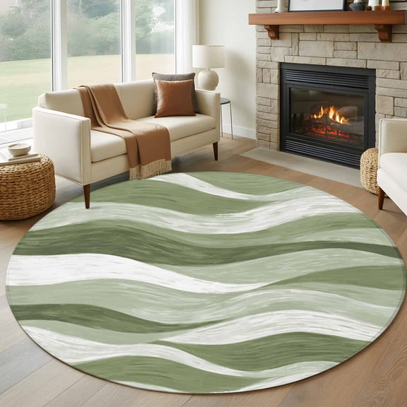 Sage Green Ocean Waves 6FT Round Area Rugs for Living Room Abstract Modern Ombre Stripes Ultra-Thin Non-Slip Round Rugs Machine Washable Low Pile Circle Carpet for Bedroom Kitchen Nursery