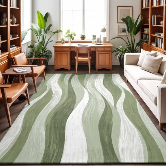 Sage Green Ocean Waves Washable Area Rug 9 x 12 ft Abstract Modern Ombre Stripes, Soft Non Slip Rugs Stain Repellent Indoor Felt Carpet for Living Dining Room Bedroom Home Office