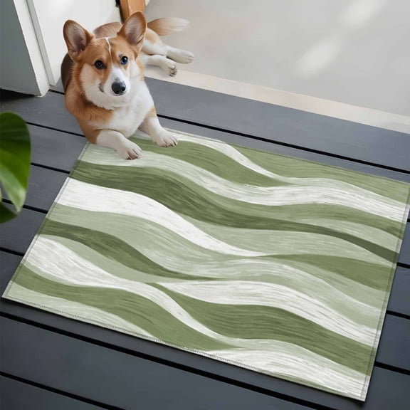 Sage Green Ocean Waves Washable Entry Rug 2x3 Abstract Modern Ombre Stripes Low Pile Indoor Door Mat with Rubber Backing Thin Area Rug for for Entrance, Bedroom, Kitchen, Laundry, Bathroom