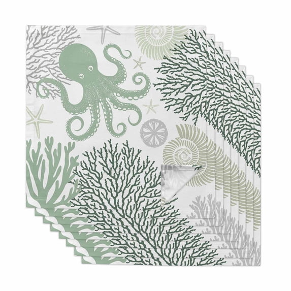 Sage Green Octopus Coastal Cloth Napkins, Nautical Coral Starfish Washable and Reusable Dinner Napkins Set of 8, Table Napkin for Kitchen Party Birthday Wedding Hotel Housewarming 20"x20"