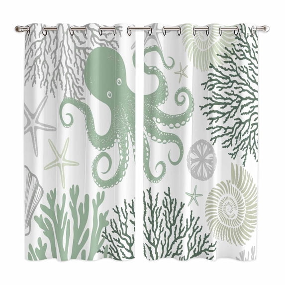 Sage Green Octopus Coastal Kitchen Curtains 84 Inch Length, Nautical Coral Starfish Grommet Top Bedroom Living Room Curtains, Light Filtering Cafe Curtain Drapes 2 Panels Set 104''x84''