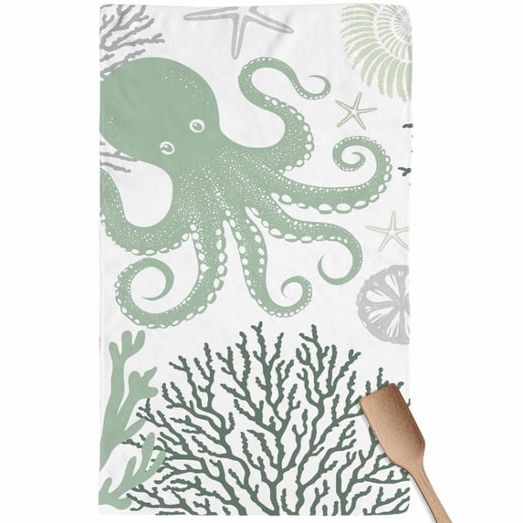 Sage Green Octopus Coastal Kitchen Towel Dish Cloths Set of 1, Microfiber Soft Kitchen Hand Towels, Nautical Coral Starfish Absorbent Quick Drying Dishcloths 18 x 28 Inches