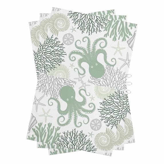 Sage Green Octopus Coastal Kitchen Towels Set of 3, Water Absorbent Dish Towel, Nautical Coral Starfish Decorative Hand Towels - Quick Drying Cloth for Cooking Baking, 18x28 Inch