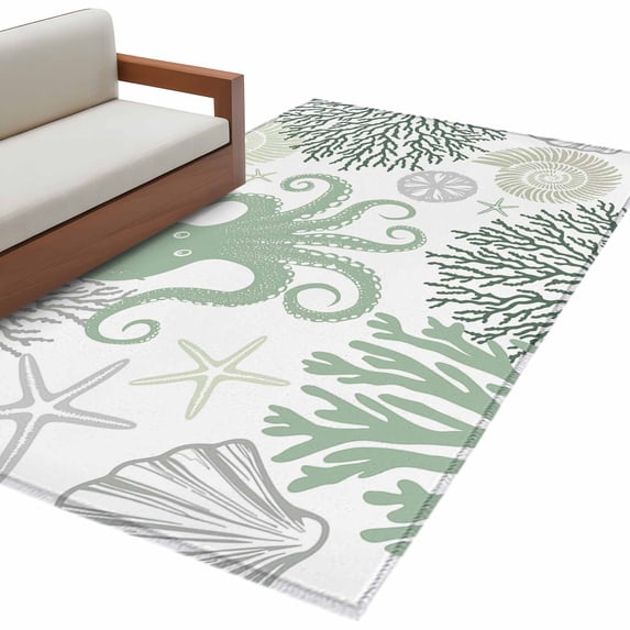 Sage Green Octopus Coastal Large Area Rugs for Bedroom Living Room, Soft Non Slip Carpet Bedside Rug, Nautical Coral Starfish Rectangular Floor Cover Kitchen Accent Rug 3'x5' for Dining Room/Office