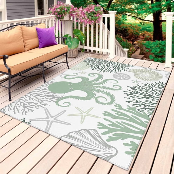 Sage Green Octopus Coastal Outdoor Rug 6x9 Ft, Non Slip Washable Area Rug, Nautical Coral Starfish Patio Rugs Carpet Runner, Large Floor Mat for Indoor/Outdoor Deck Porch Camping