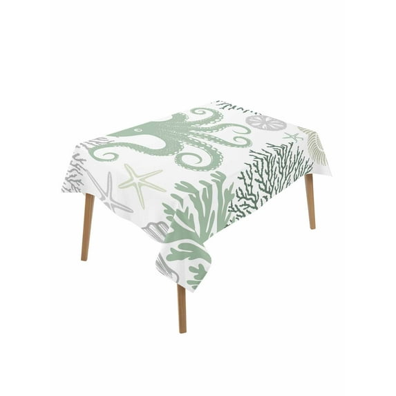 Sage Green Octopus Coastal Table Cloth, Nautical Coral Starfish Waterproof Tablecloth for Rectangle Tables, Reusable Washable Fabric Table Cover for Restaurant Kitchen Dining Tables 60"x102"