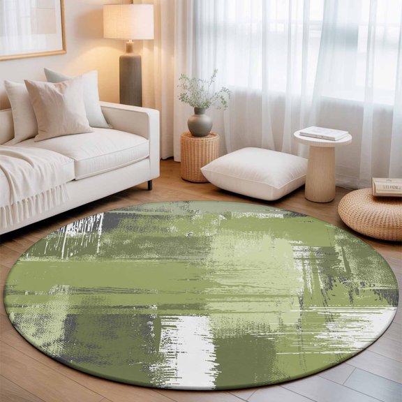 Sage Green Oil Painting Style Round Rug 5ft Geometric Abstract Paint Brush Washable Area Rugs for Living Room Bedroom Entryway Non Slip Entrance Door Mat Indoor Floor Carpet