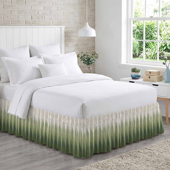 Sage Green Ombre Bed Skirt King Size 16 Inch Drop, Modern Abstract Green Beige Linear Drips Coastal Adjustable Elastic Dust Ruffles Bedskirt for King Bed Wrap Around Pleated Mattress Frame Cover