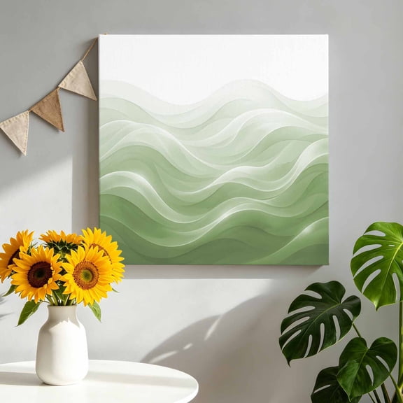 Sage Green Ombre Canvas Wall Art Framed Wall Decor for Living Room Bedroom Bathroom, Abstract Modern Gradient Ripple Canvas Pictures Ready to Hang Decor, 8"x8"