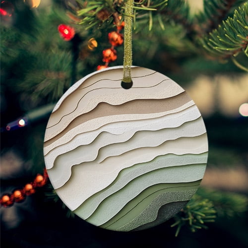 Sage Green Ombre Ceramic Ornaments, Modern Abstract Geometric Art Round Porcelain Hanging Ornaments with Gold String, Xmas Decorations Keepsake Gifts for Holiday Home Party 3''