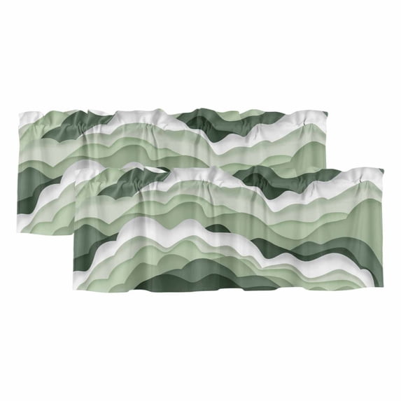 Sage Green Ombre Curtain Valances for Windows, Kitchen Valance Window Treatments Panel 2 Pack, Modern Moire Geometric Abstract Rod Pocket Short Curtains for Bathroom Bedroom 42 x 12 Inch