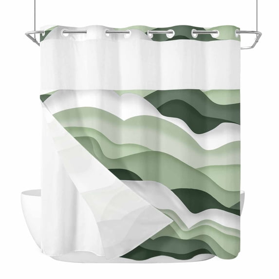 Sage Green Ombre No Hook Shower Curtain Waterproof, Bathroom Curtains with Snap in Liners and See Through Top Window, Modern Moire Geometric Abstract Hotel Style Bathtub Curtains Shower 72"Wx72"L