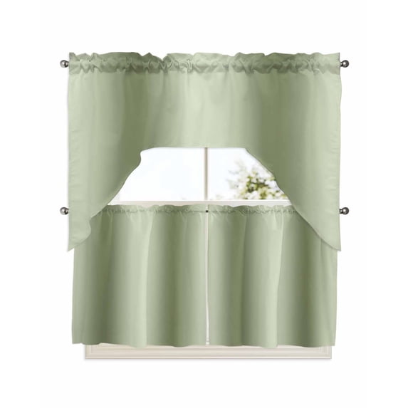 Sage Green Ombre Kitchen Curtain and Valance Set 3 Pieces,Rod Pocket Short Tier Curtains 24 Inch Length,Modern Abstract Art Farmhouse Gradient Swag Topper Small Window Treatment for Cafe Bathroom