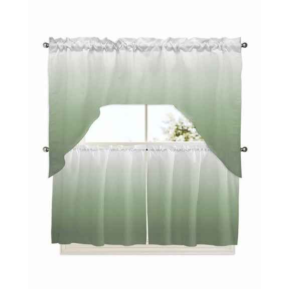 Sage Green Ombre Kitchen Curtain and Valance Set 3 Pieces, Rod Pocket Short Tier Curtains 24 Inch Length, Modern Sage Green Abstract Art Swag Topper Small Window Treatment for Cafe Bathroom Bedroom