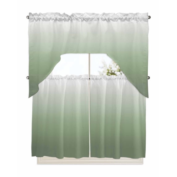 Sage Green Ombre Kitchen Curtain and Valance Set 3 Pieces, Rod Pocket Short Tier Curtains 36 Inch Length, Modern Sage Green Abstract Art Swag Topper Small Window Treatment for Cafe Bathroom Bedroom