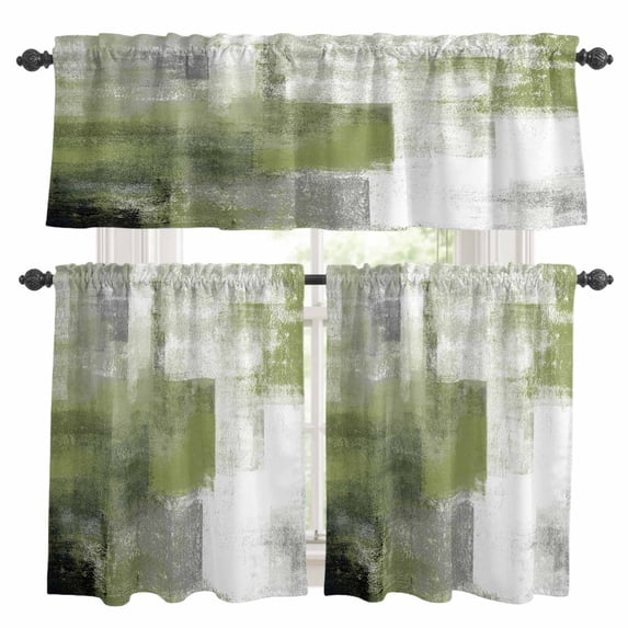 Sage Green Ombre Kitchen Curtains Sets for Windows 36 Inch Length, Vintage Shabby Abstract Plaid Art Rod Pocket Window Treatments Tier Curtains and Valances Set for Bedroom/Bathroom