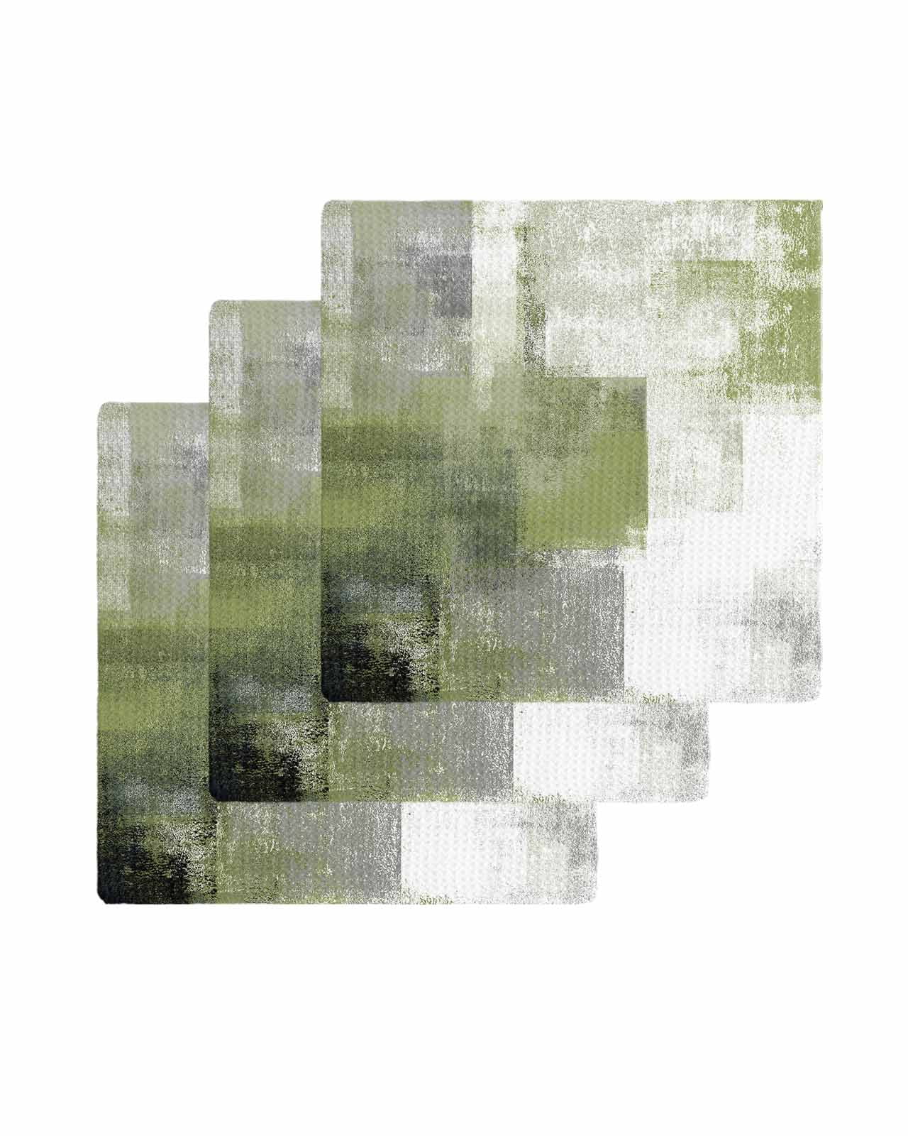 Sage Green Ombre Kitchen Dish Towels for Drying Dishes Set of 3, Vintage Shabby Abstract Plaid Art Waffle Weave Microfiber Terry Hand Tea Bathroom Towels Quick Dry & Absorbent Towel 12x12