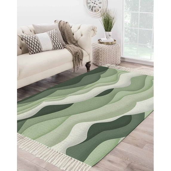 Sage Green Ombre Large Area Rug 4x6ft Woven Runner Rug,Modern Moire Geometric Abstract Washable Living Room Bedroom Kitchen Bathroom Classroom Carpet with Tassels,Indoor Outdoor Throw Door Mat