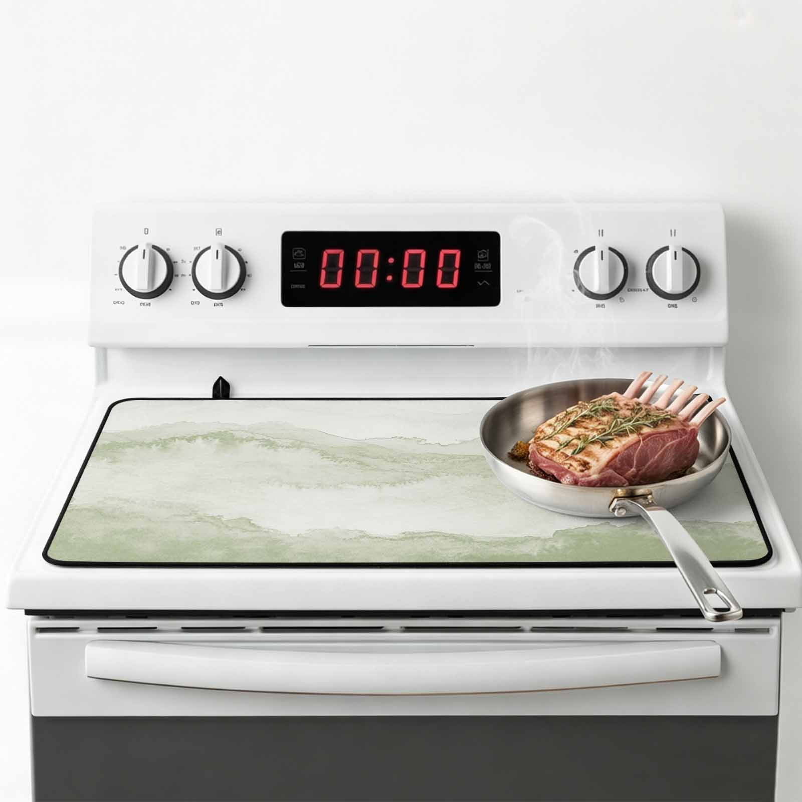 Sage Green Ombre Mountain Stove Top Cover for Electric Stove, Heat-proof & Non Slip Glass Top Stove Cover Protector, Nature Abstract Art Marble Kitchen Flat Cooktop Rubber Mat 28.5x20.5 Inches