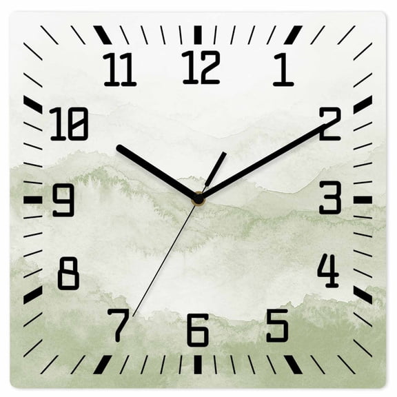 Sage Green Ombre Mountain Wooden Wall Clock Silent Non Ticking, Nature Abstract Art Marble Square Wall Clocks Battery Operated, Decor Clock for Home Office, Living Room, Kitchen, 10 Inch