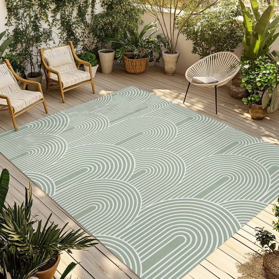 Sage Green Ombre Outdoor Rug for Patio/Deck/Porch, Non-Slip Large Area Rug 4 x 6 Ft, Farmhouse Stripes Modern Abstract Art Indoor Outdoor Rugs Washable Area Rugs, Reversible Camping Rug Carpet Runner