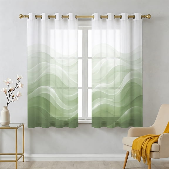 Sage Green Ombre Sheer Curtains 39 Inch Long 2 Panels, Abstract Modern Gradient Ripple Light Filtering Semi Sheer Drapes Grommet Voile Window Curtain for Living Bedroom W27.9 x L39