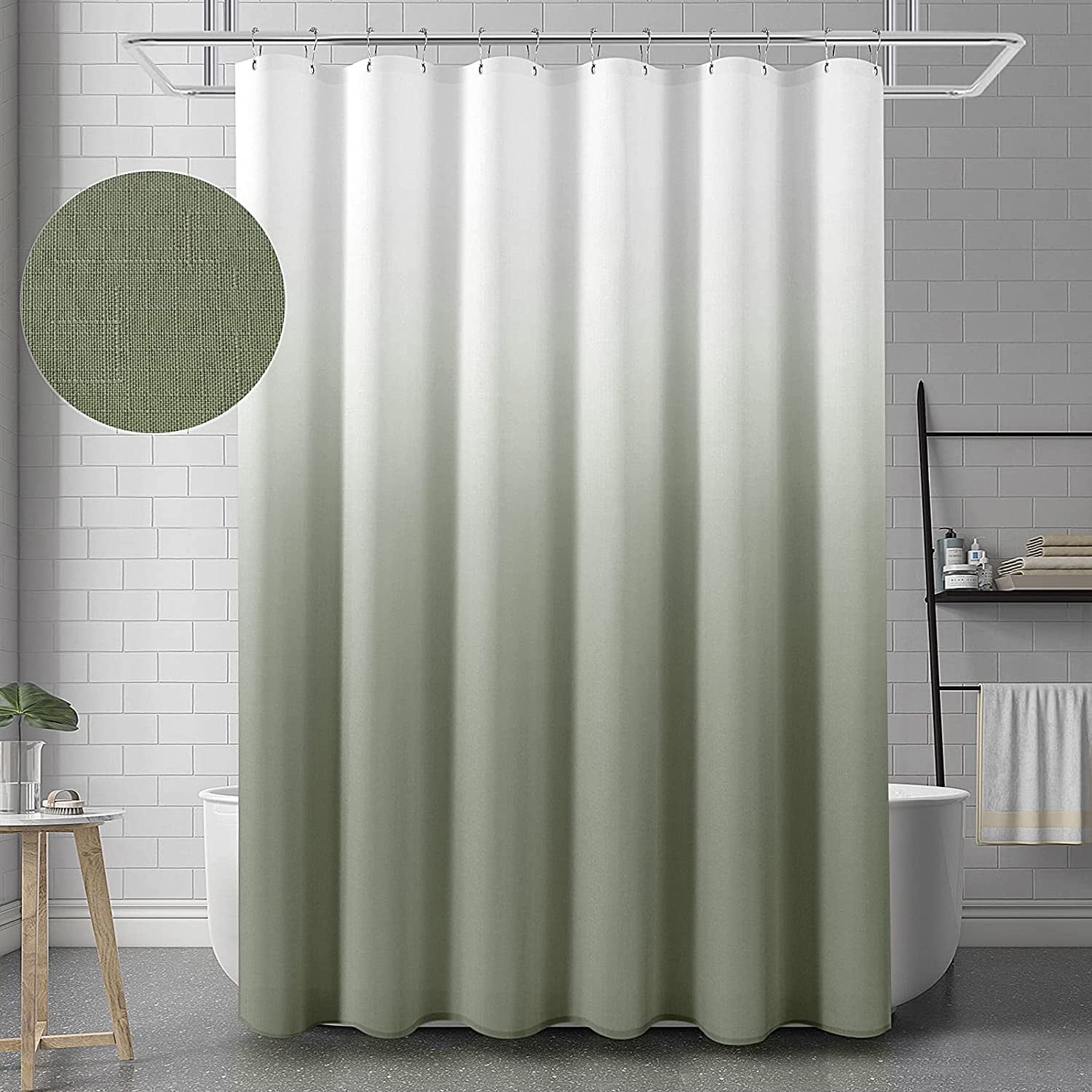 Sage Green Ombre Shower Curtain, Green and White Ombre Waterproof Linen Textured Bath Decor Textured Fabric Shower Curtain for Bathroom, Hotel Quality, 72x72