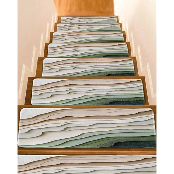 Sage Green Ombre Stair Treads for Wooden Steps Indoor Runner Rug Carpet, Modern Abstract Geometric Art 15 Pieces Peel and Stick Staircase Step Treads Covers Washable Throw Door Mats, 30"x8"