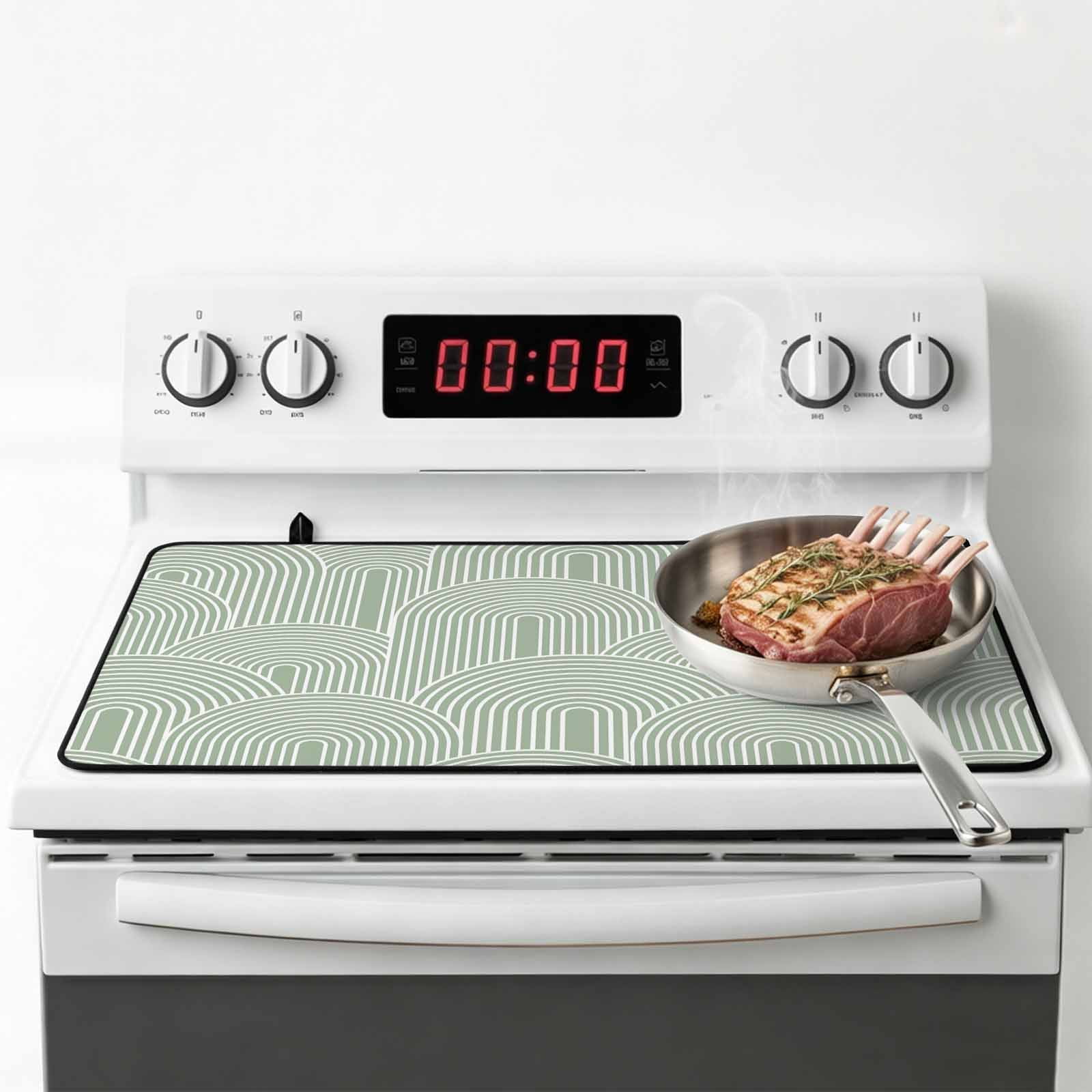 Sage Green Ombre Stove Top Cover for Electric Stove, Heat-proof & Non Slip Glass Top Stove Cover Protector, Farmhouse Stripes Modern Abstract Art Kitchen Flat Cooktop Rubber Mat 36x21 Inches