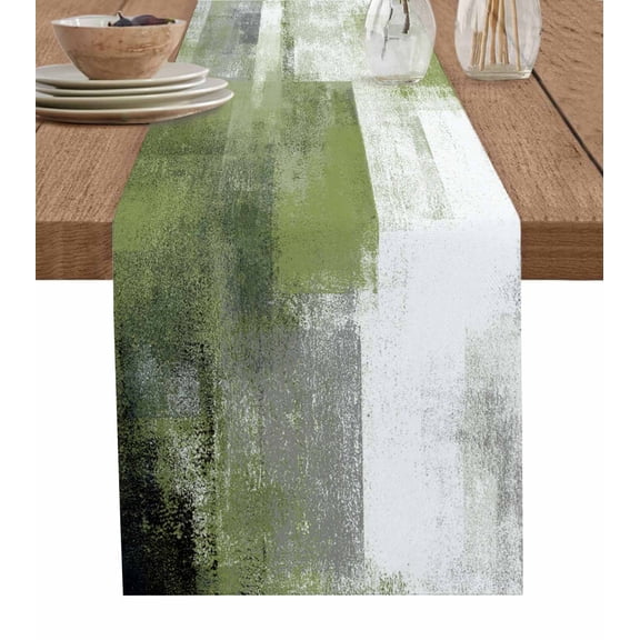 Sage Green Ombre Table Runner Cotton Linen 36 Inch Holiday Dresser Scarves, Vintage Shabby Abstract Plaid Art Tablerunner for Kitchen Coffee Dining Bedroom Living Room Dinner Scarf Décor 13''x36''